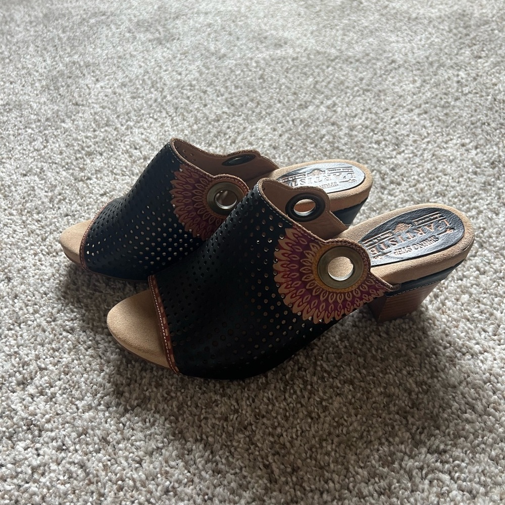 Spring Step Black and Brown Mules with Perforated Design